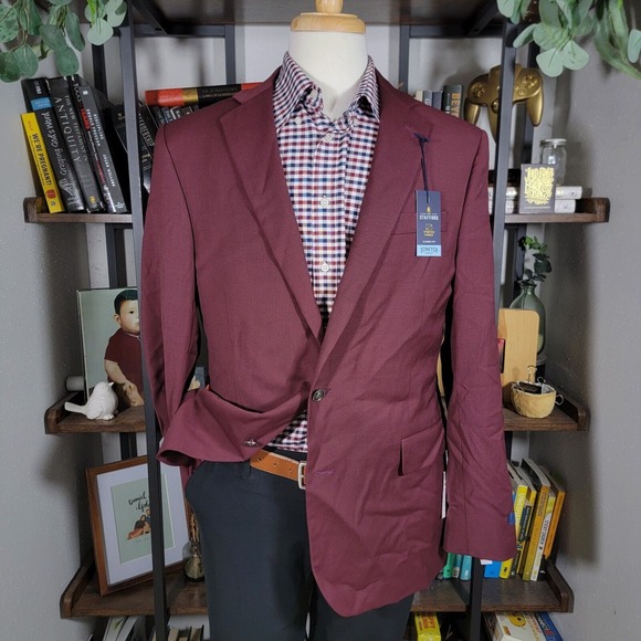Stafford Men's Hopsack Blazer Two Silver Button Burgundy Wool Blend Classic 44R - Picture 1 of 13